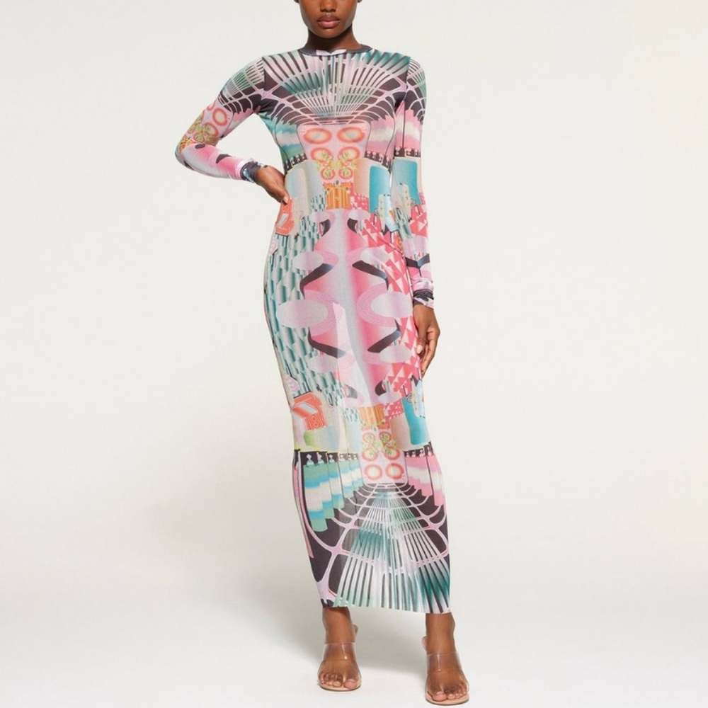 SKIMS Multicolor Pink & Teal Patterned Long Sleeve Maxi Dress
